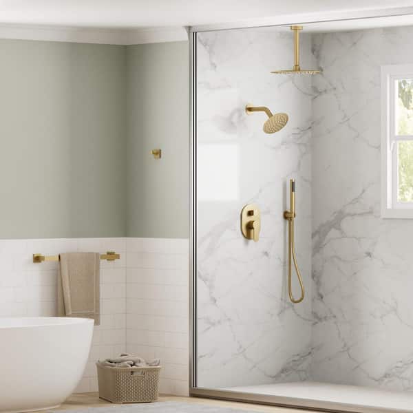ClassicRain 10in. and 6in. 3-Spray Dual Ceiling Mount Fixed and Handheld Shower Head 2.5 GPM in Brushed Gold with Valve