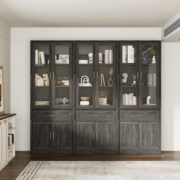 79.9 in. Tall Brown Wood Grain 12-Shelf Standard Bookcase, Storage Cabinet, Sideboard w/ 3-Large Drawer and 6-Glass Door