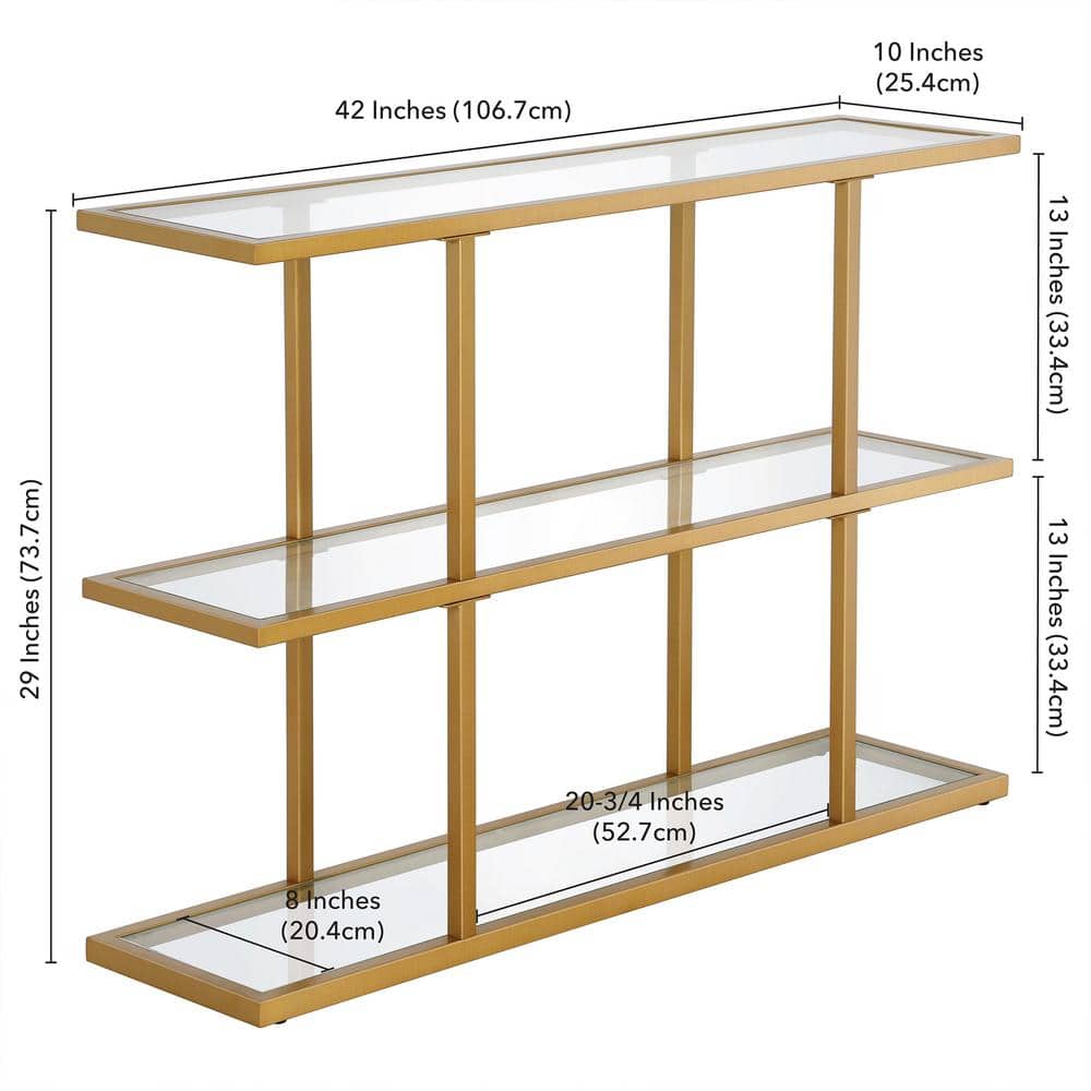 Cantilevered Brass & Tempered Glass Console Table with Triple Shelves