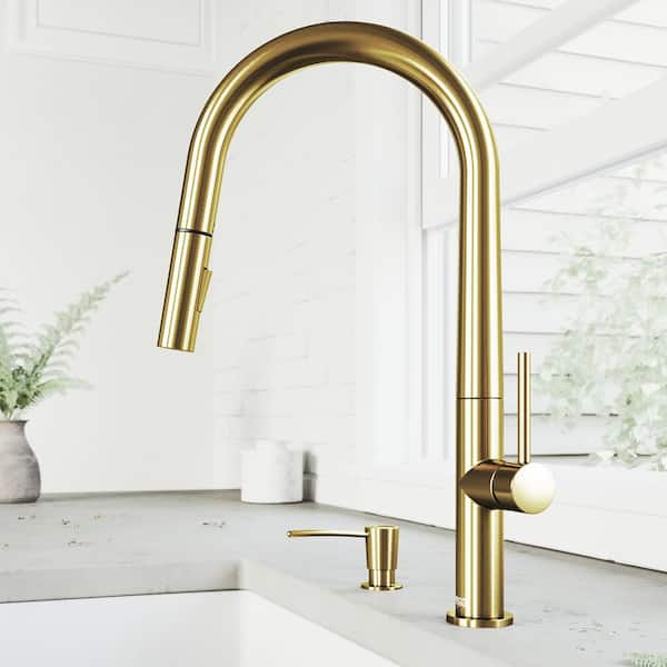 VIGO Greenwich Single Handle Pull-Down Sprayer Kitchen Faucet Set with Soap Dispenser in Matte Brushed Gold