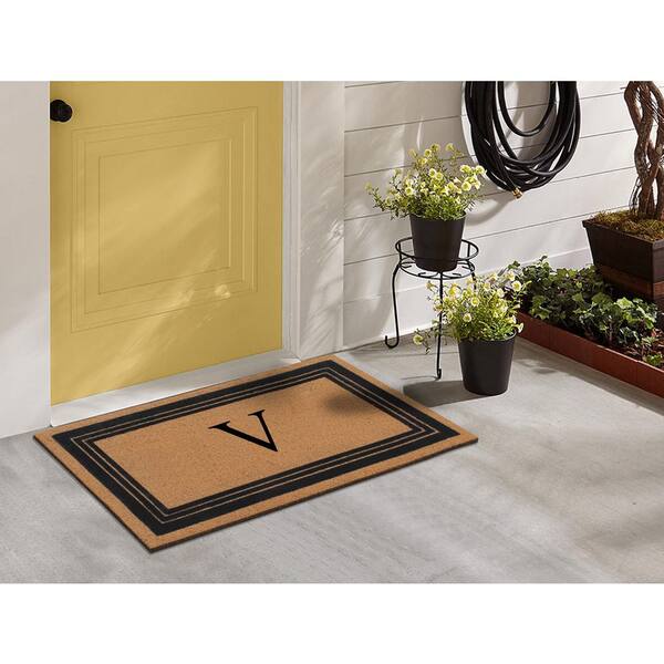 A1 Home Collections A1hc Beige 18 in. x 30 in. Natural Coir Heavy Duty PVC Backing Outdoor Monogrammed V Door Mat