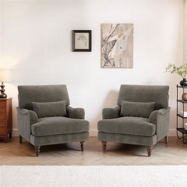 Modern Tan Chenille Arm Chair with Flared Arm (Set of 2)