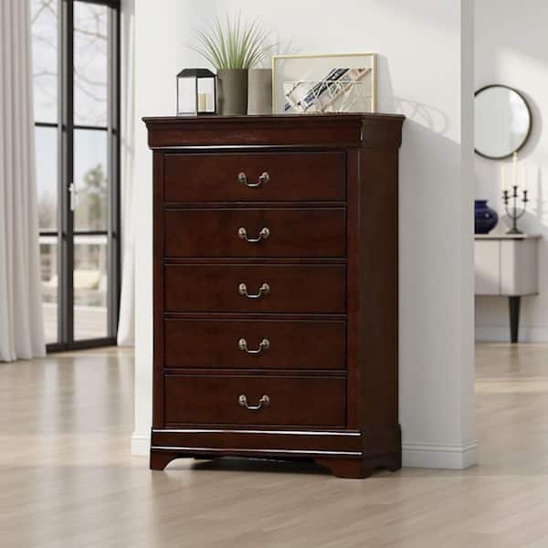 Cherry Brown and Bronze 5-Drawers 31.5 in. Dresser Without Mirror