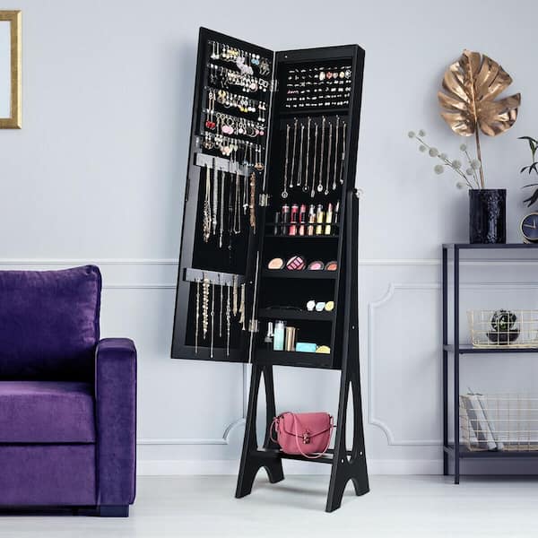 61 in. Black LED Jewelry Armoire Cabinet with Bevel Edge Mirror Organizer Mirrored Standing New