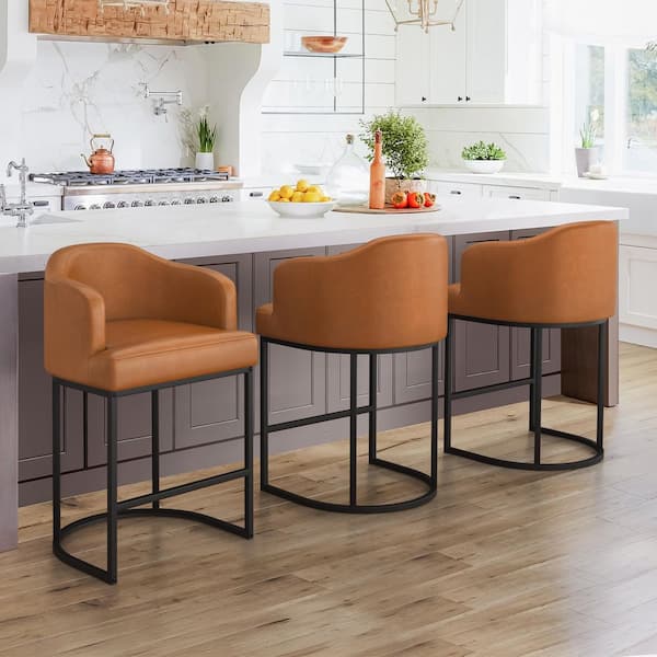 LUE BONA Crystal Yellowish-Brown 26 in.Counter Height Fabric Upholstered Bar Stool Kitchen Island Stool With Metal Frame Set of 3