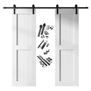 30 in. x 96 in. H-Frame White Double Pine Wood Interior Sliding Barn Door with Hardware Kit, Non-Bypass