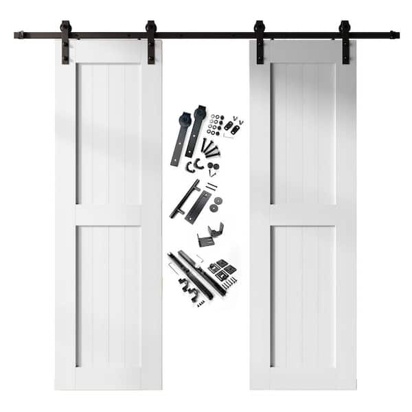 24 in. x 96 in. H-Frame White Double Pine Wood Interior Sliding Barn Door with Hardware Kit, Non-Bypass