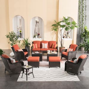 Maroon Lake Brown 10-Piece Wicker Patio Conversation Seating Sofa Set with Orange Red Cushions and Swivel Rocking Chairs