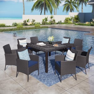 Black 9-Piece Cast Aluminum Patio Outdoor Dining Set with Square Table and Rattan Chairs with Blue Cushion