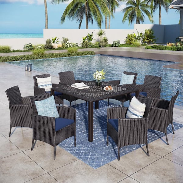 PHI VILLA Black 9-Piece Cast Aluminum Patio Outdoor Dining Set with Square Table and Rattan Chairs with Blue Cushion