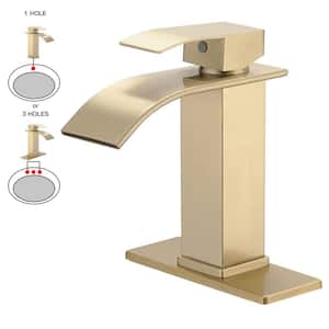 Waterfall Single Handle Single Hole Low-Arc Bathroom Faucet Bathroom Drip-Free Vanity Sink Faucet in Brushed Gold