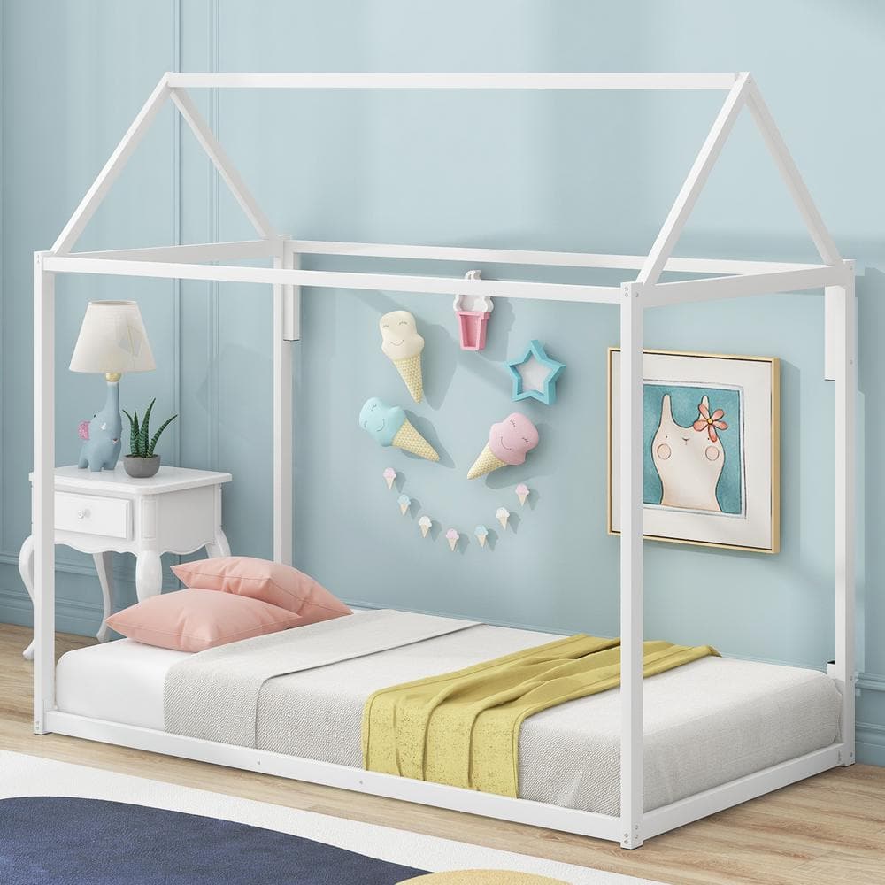 Harper & Bright Designs White Twin Size Metal House Shape Platform Bed 