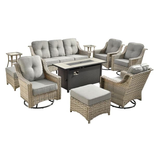 Cherry 10-Piece Wicker Outdoor Furniture Patio Fire Pit Conversation Sofa Set with Swivel Chairs and Dark Grey Cushions