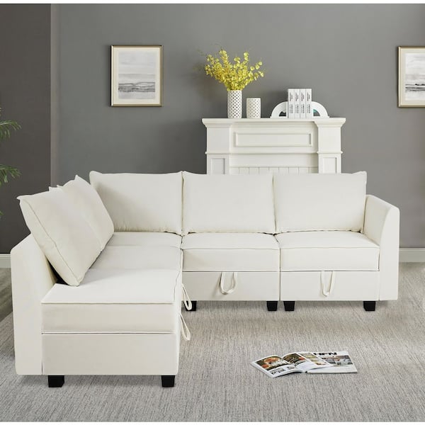 138.59 in. Armless 5-piece Linen Sectional Sofa in. White Down with Sleeper Function