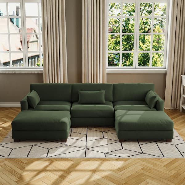 Uixe 123 in. Square Arm 5-Piece Corduroy Upholstered U-Shaped Sectional Sofa in Green