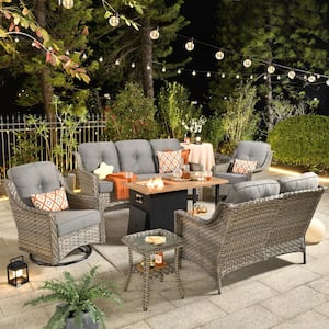 Eureka Grey 6-Piece Wicker Outdoor Patio Conversation Sofa Loveseat Set with a Storage Fire Pit and Dark Grey Cushions