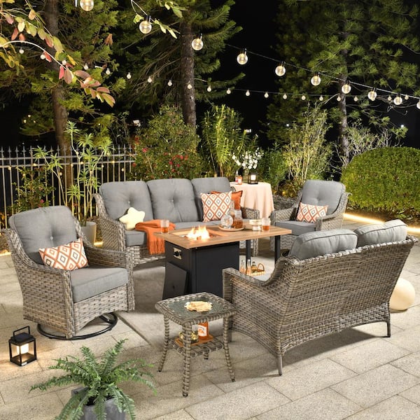 Toject Eureka Grey 6-Piece Wicker Outdoor Patio Conversation Sofa Loveseat Set with a Storage Fire Pit and Dark Grey Cushions