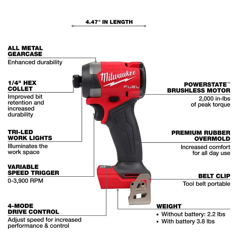 Milwaukee M18 FUEL 18V Lithium Ion Brushless Cordless 1/4 in. Hex Impact Driver Tool Only - Image 3