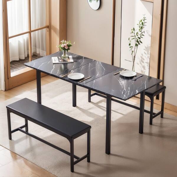 VECELO 3-Piece 63 in. Extendable Dining Table Set with Benches