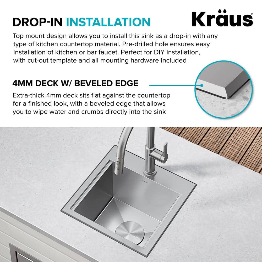 Kore 15" Stainless Steel Single Basin Bar Sink with Bamboo Cutting Board