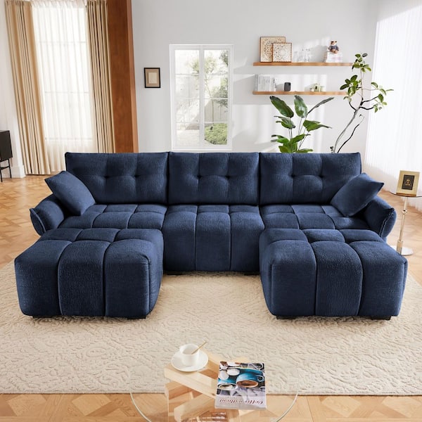 Tina 110.2 in. Flared Arm Chenille Upholstered U Shaped Sectional Sofa in. Blue with 2 Ottomans, Throw Pillows