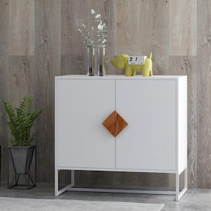 White Solid Wood Square Shape Handle 2 Doors Sideboard