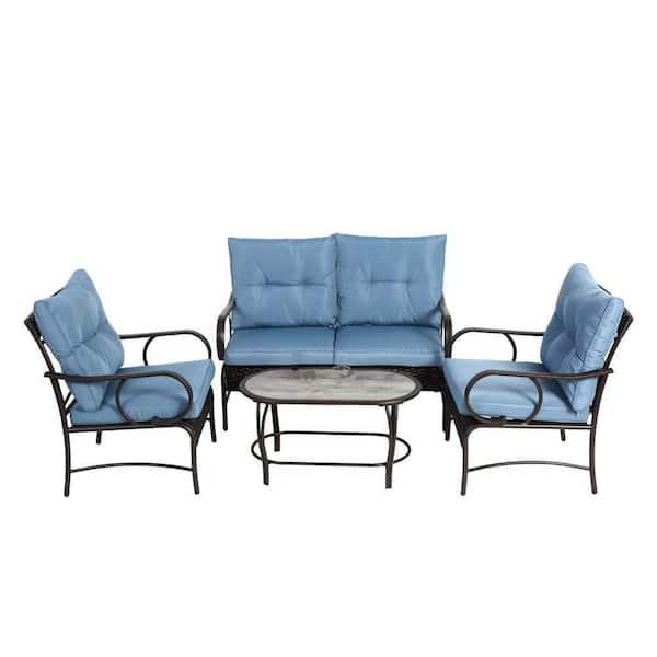 Sudzendf 4-Piece Black Metal Patio Conversation Seating Set, Outdoor Camping Chairs with Blue Cushions & Coffee Table