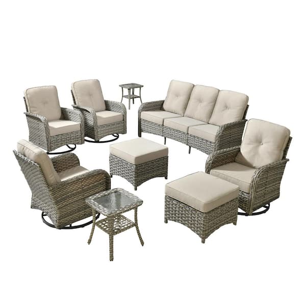 Beverly 9-Piece Wicker Patio Conversation Sofa Swivel Rocking Chairs Set with Ottomans and Beige Cushions
