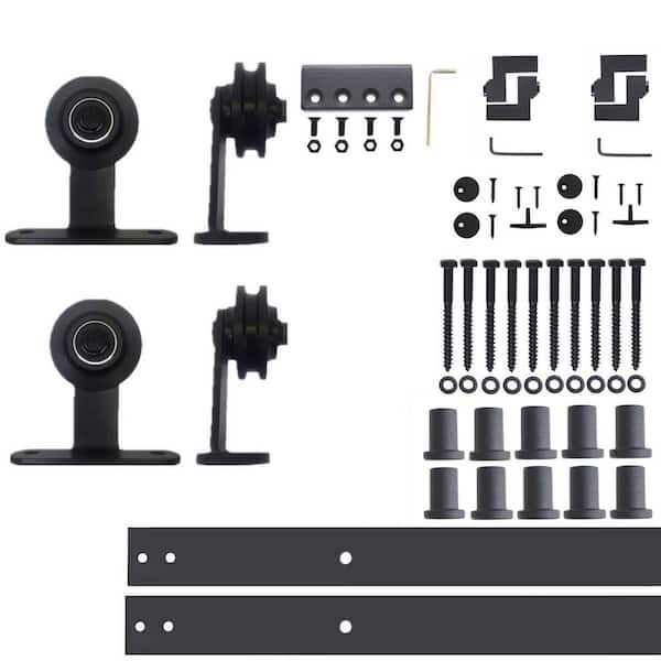 HOMACER 12 ft./144 in. Black Rustic Non-Bypass Sliding Barn Door Hardware Kit T-Shape Design Roller for Double Doors
