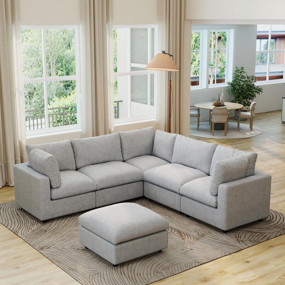 Magic Home 100 in. Square Arm 6-Piece Chenille L-Shaped Modualr