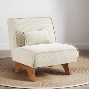 COZY Off White Fabric Accent Slipper Chair with Lumbar Pillow and Wood Legs