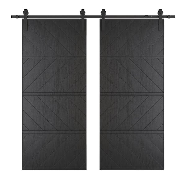 TENONER 72 in. x 84 in. (36 in.W Doors x 2) Black, Wood Panel Textured, MDF and PVC Covering Sliding Barn Door w/ Hardware Kit