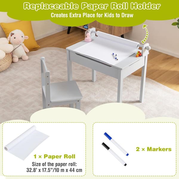 Kids Art Table and Chair Set with Drawer Paper Roll and 2 Markers-White | Costway