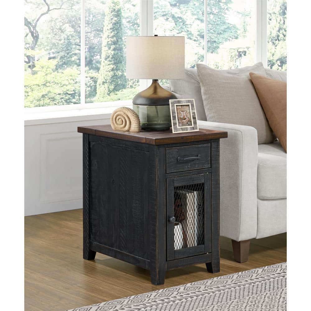 Rustic 16 in. Black and Brown Solid Wood Rectangle Chairside End Table with Power