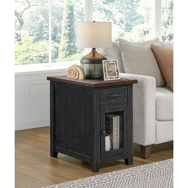 Martin Svensson Home Rustic 16 in. Black and Brown Solid Wood Rectangle Chairside End Table with Power