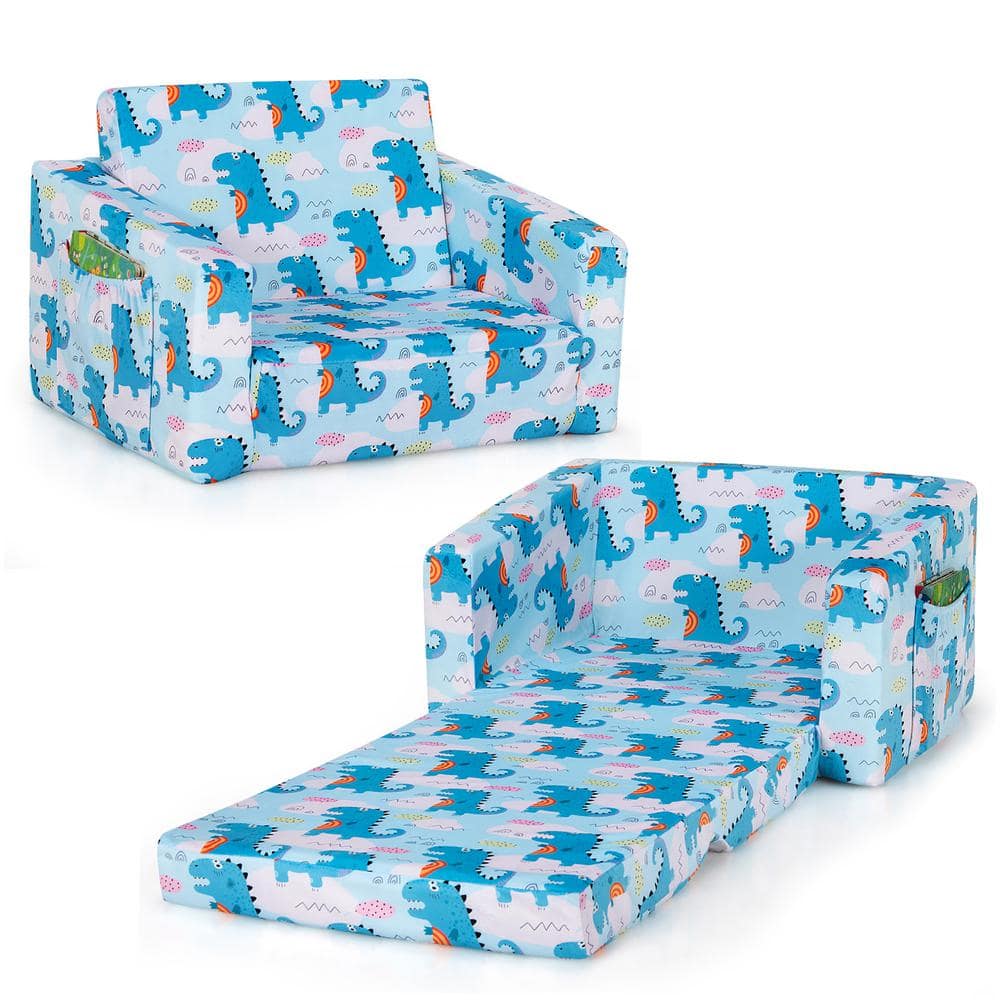 Costway Blue 2-in-1 Convertible Farbic Kids Sofa to Lounger