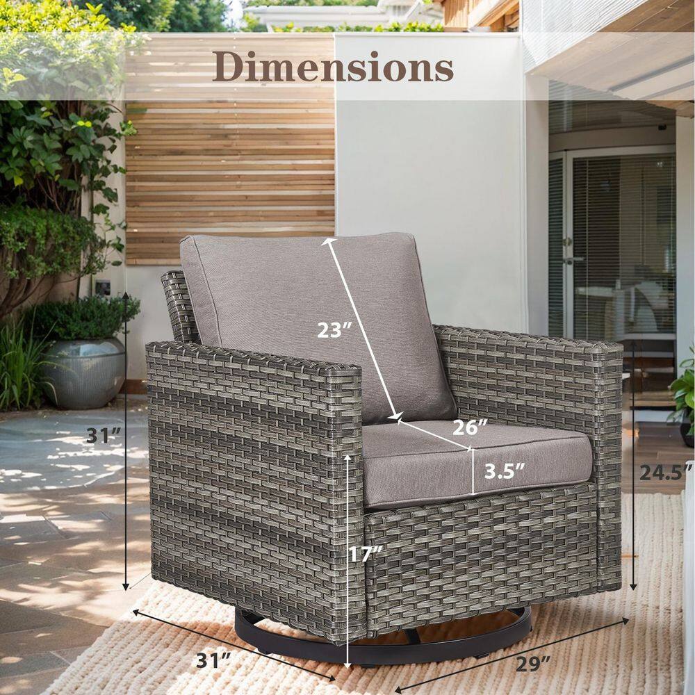 Gray swivel wicker outdoor rocking chair with dimension overlays.