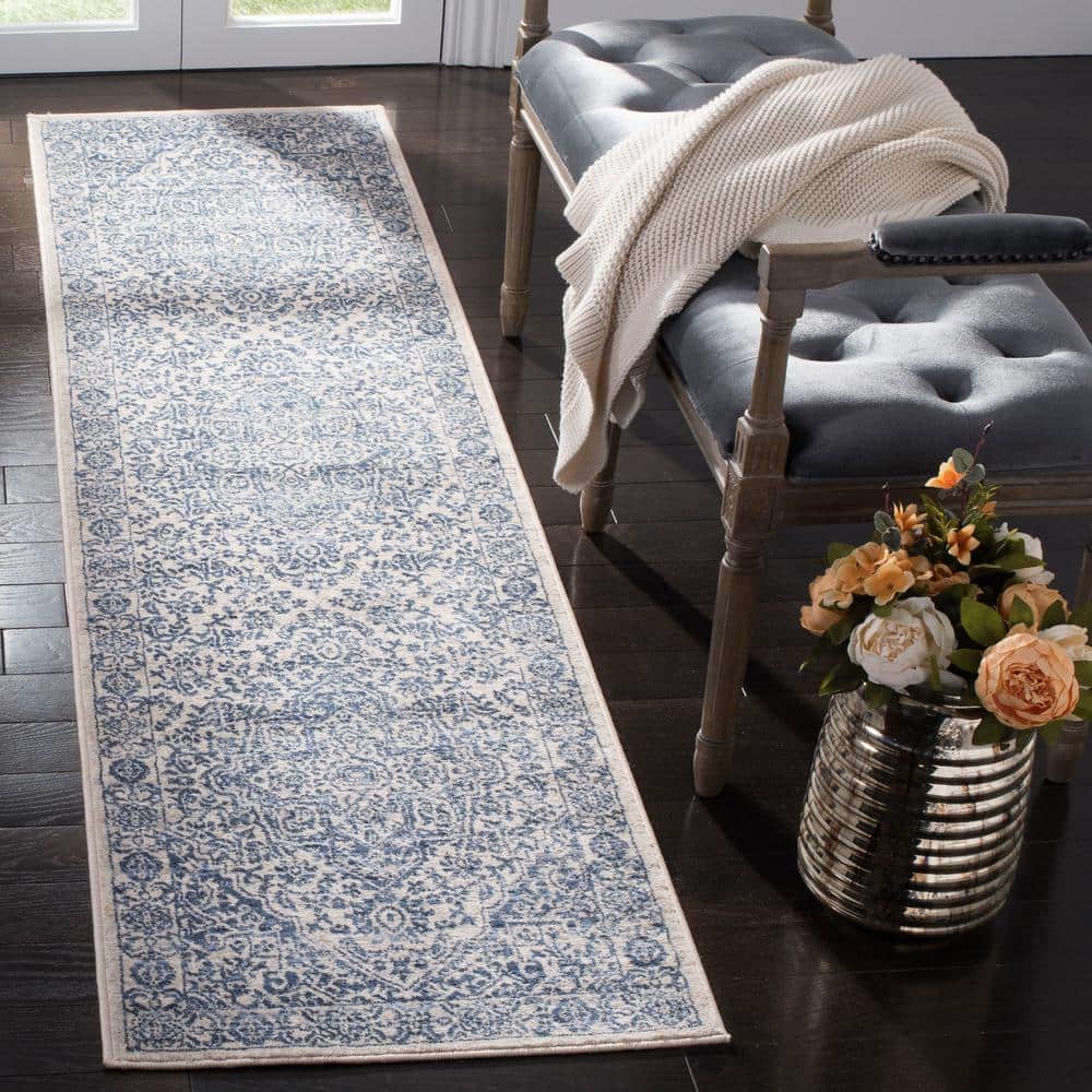 Navy and Light Grey Synthetic Runner Rug, 2' x 10'