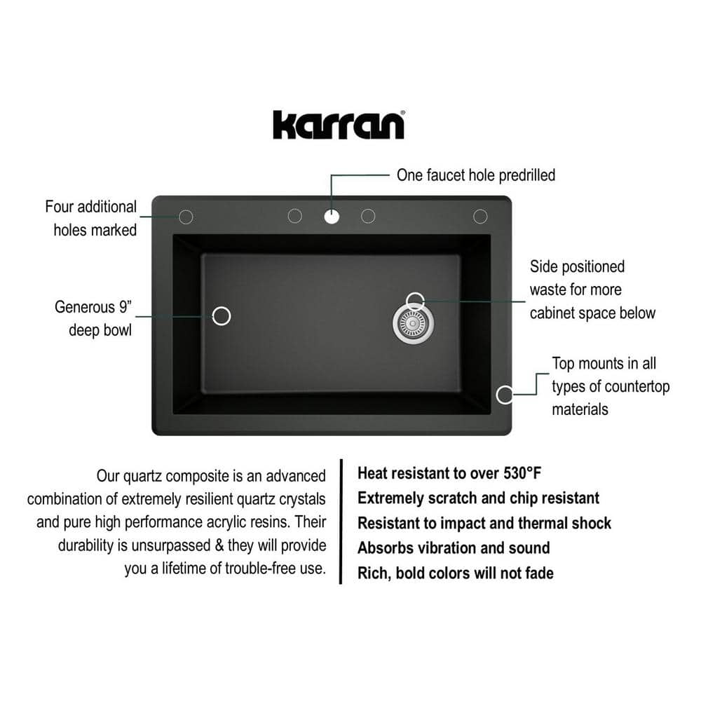 Karran Black Quartz 33'' Single Bowl Drop-In Kitchen Sink with Stainless Steel Faucet