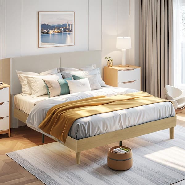 VECELO Upholstered Bed Frame with Linen Fabric Headboard, Strong Wood Slats Supports Platform Bed, Queen Size Bed, Beige