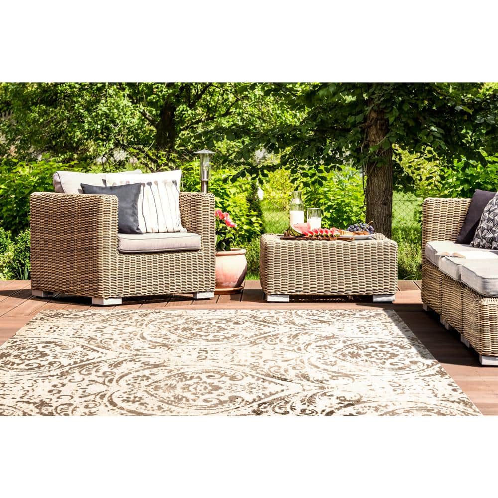 Ivory and Grey Paisley Indoor/Outdoor Area Rug