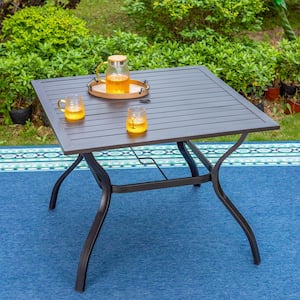 Black Slat Square Metal 1.57 in. Patio Outdoor Dining Table with Umbrella Hole