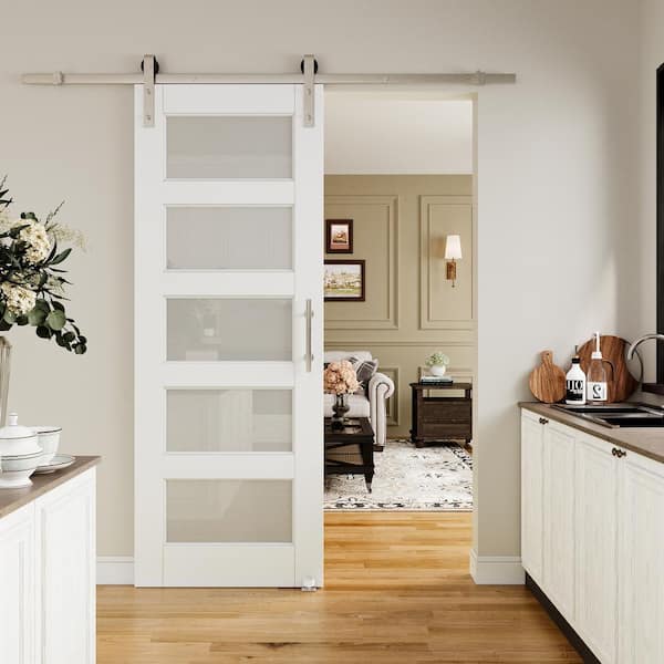30 in. x 80 in. 5-Lite Tempered Frosted Glass White Finished MDF Sliding Barn Door with Hardware Kit Nickel Plated