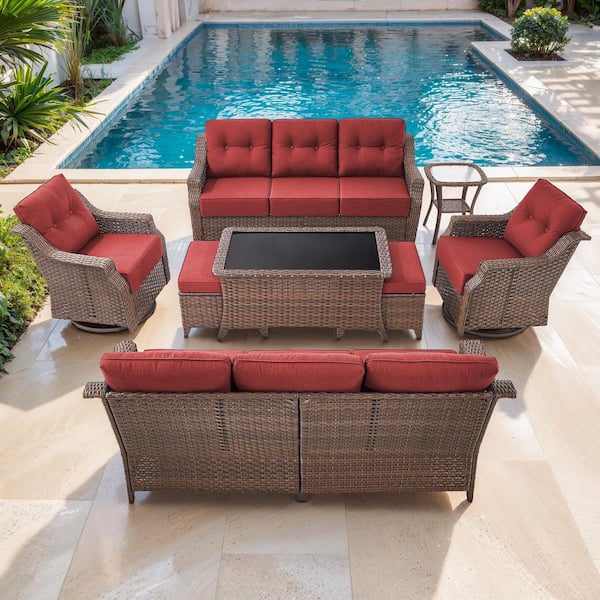 Artisan Brown 8-Piece Wicker Patio Conversation Set with Swivel Rockers, Sofa Seating Set with Olefin Red Cushions