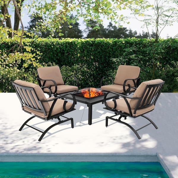 5-Piece Metal Patio Conversation Set with Brown Cushions