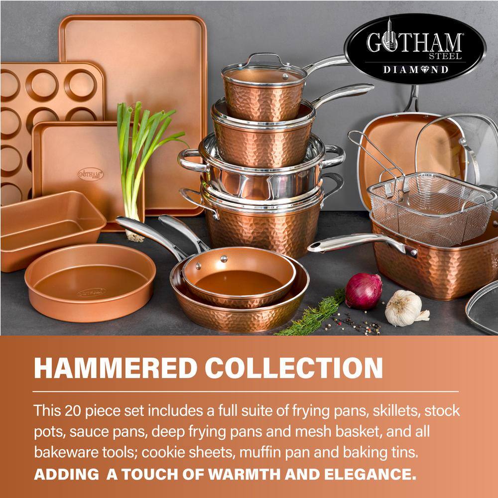 Hammered Copper 20-Piece Nonstick Aluminum Cookware and Bakeware Set