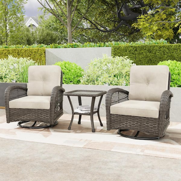 3-Piece Wicker Outdoor Rocking Chair Patio Conversation Set Swivel Chairs with Beige Cushions and Side Table