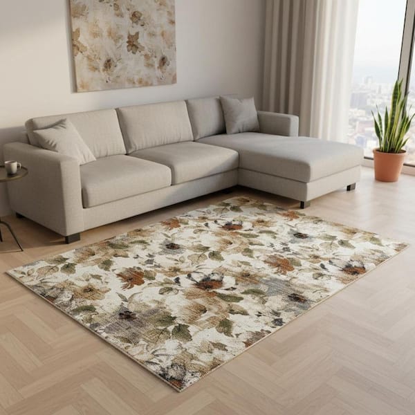 Beige  8 X 10 ft. Woven Floral Rectangle Indoor Area Rug