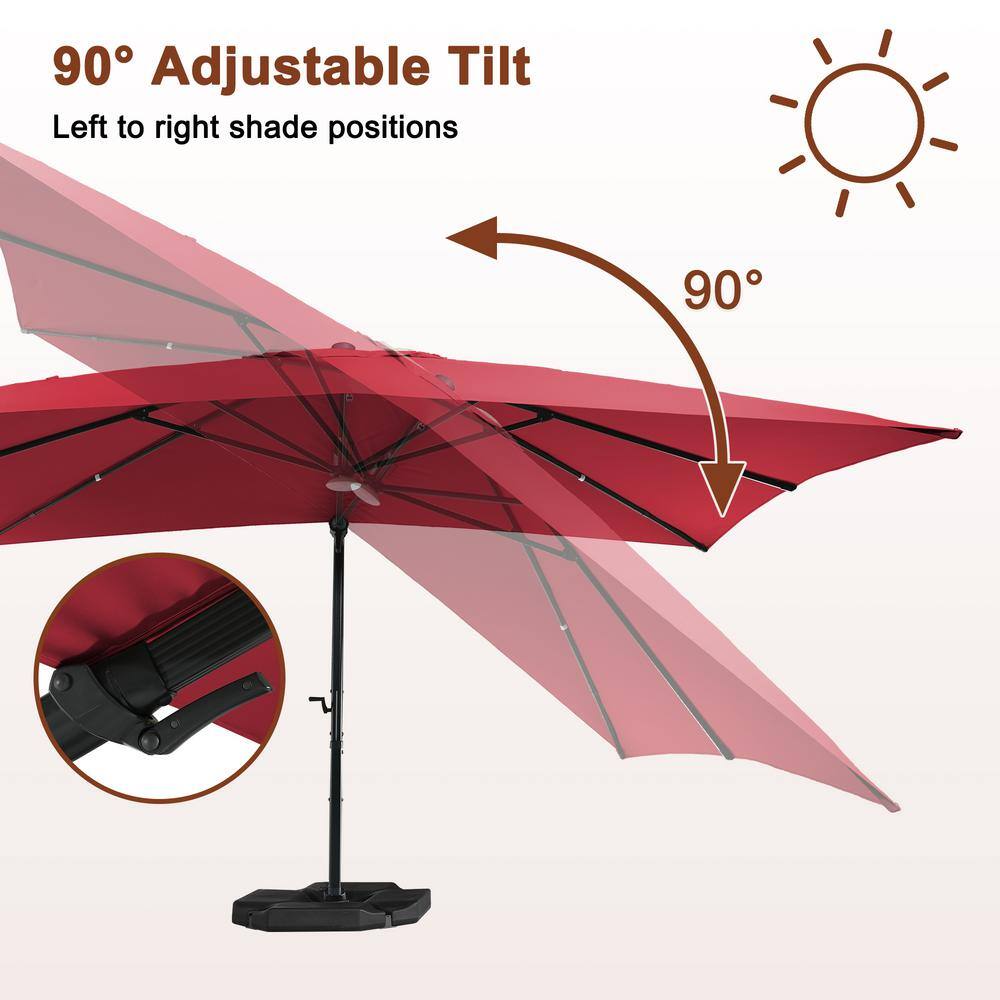 10 ft Red Square Aluminum Cantilever Patio Umbrella with Bluetooth LED Light