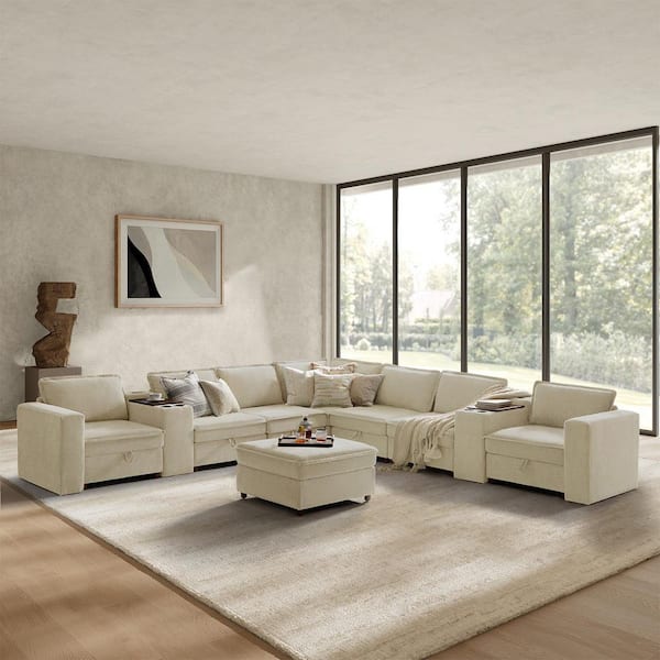 Zareon 144in Beige Modern 8-Seat Square Arms Storage Polyester Sectional Sofa With Charging Ports And Solid Wood Legs